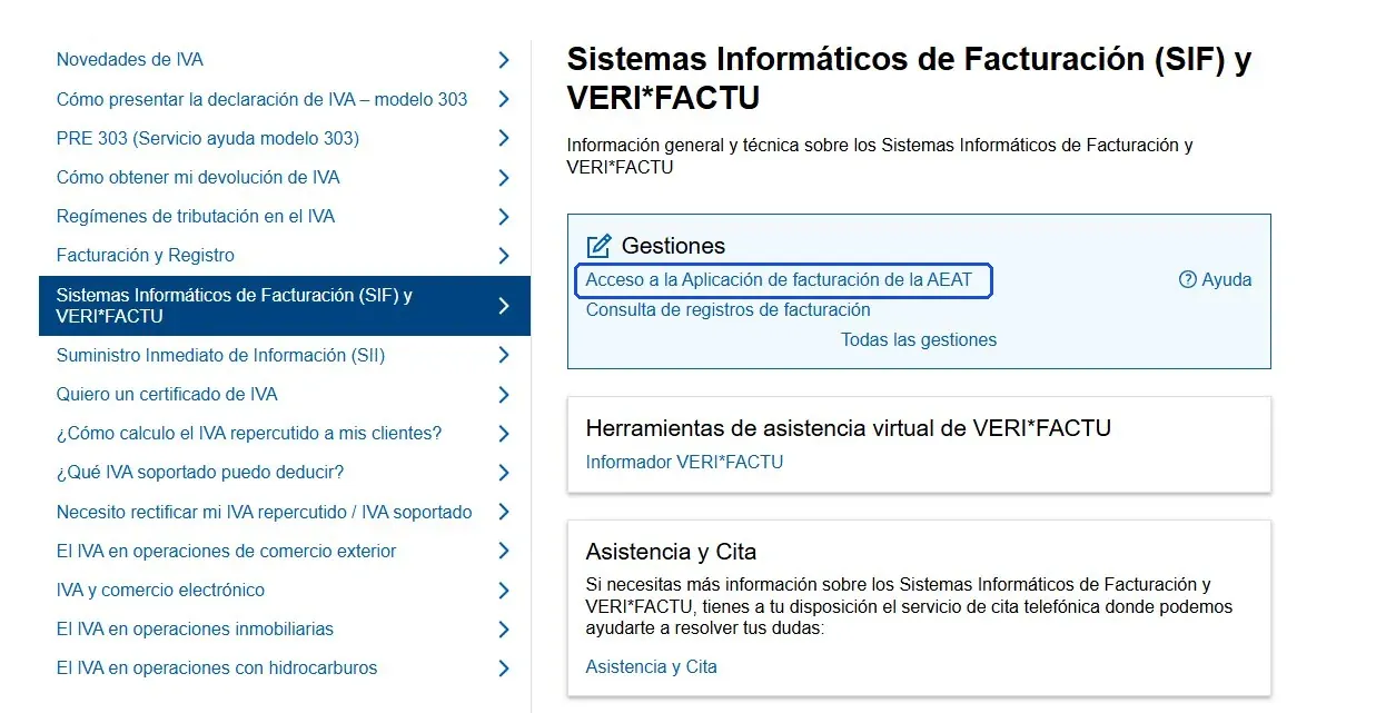 Captura de la Sede electrónica de la AEAT con el enlace de acceso a la aplicación gratuita de facturación resaltado