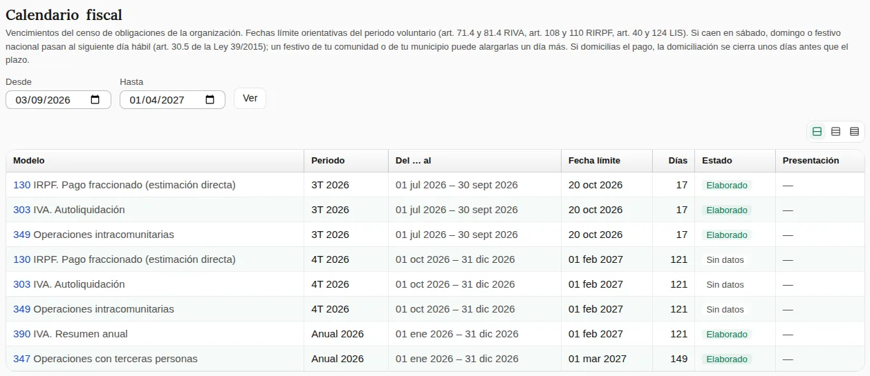 Calendario fiscal de una autónoma de ejemplo entre septiembre de 2026 y abril de 2027: los modelos 130, 303 y 349 del tercer y el cuarto trimestre y el 390 y el 347 anuales, con su fecha límite, los días que faltan y su estado.