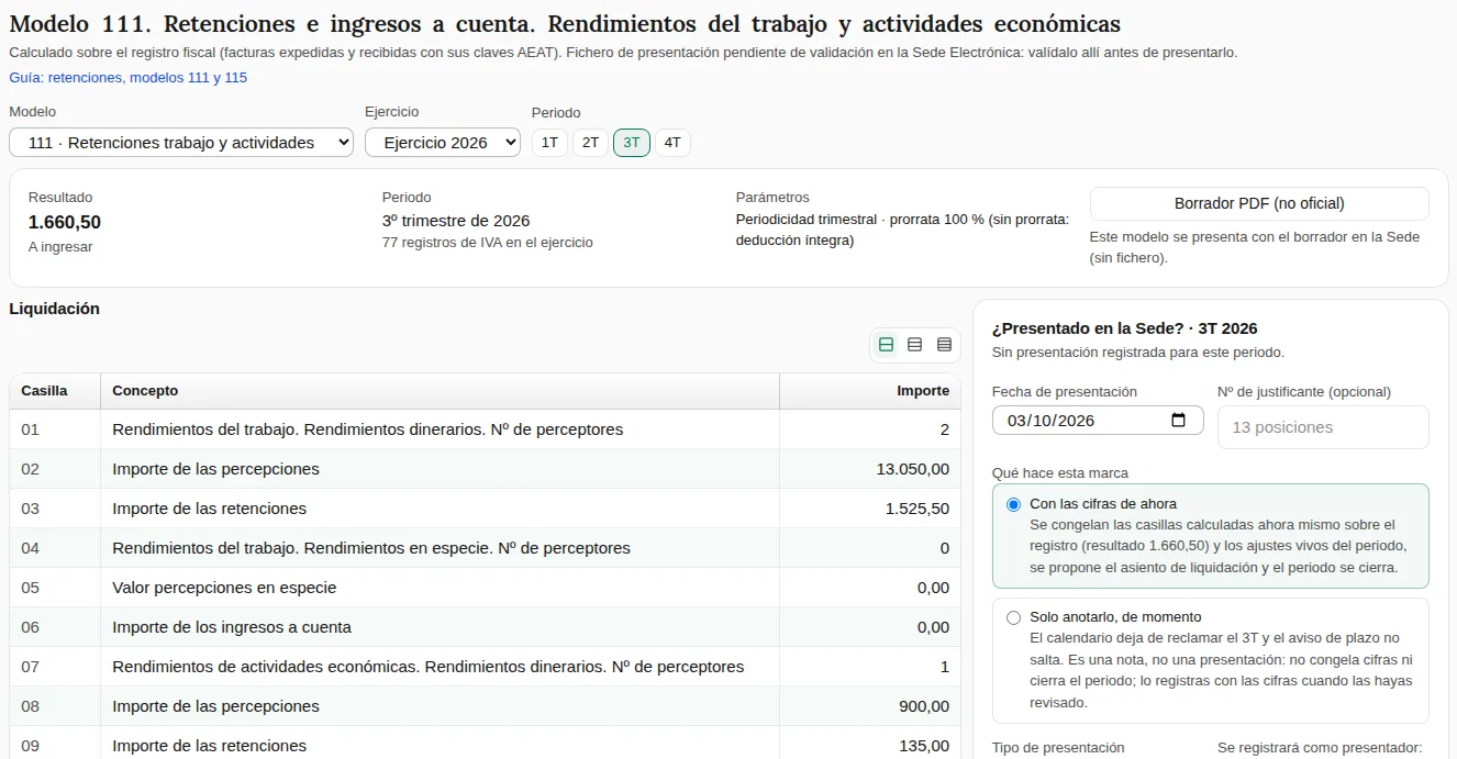 Modelo 111 del tercer trimestre de 2026 de una empresa de ejemplo: resultado 1.660,50 a ingresar, casillas 01 a 03 con dos perceptores del trabajo, 13.050,00 de percepciones y 1.525,50 de retenciones, casillas 07 a 09 con un profesional, 900,00 y 135,00, y a la derecha el recuadro «¿Presentado en la Sede?».