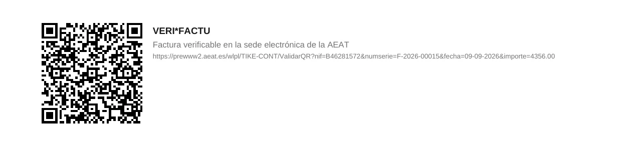 Pie del PDF de una factura de ejemplo con el QR tributario, la leyenda VERI*FACTU, la frase «Factura verificable en la sede electrónica de la AEAT» y la URL de cotejo con el NIF, el número, la fecha y el importe.